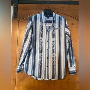 Harley Davidson Men's Size M Blue Striped Skull Grunge Edgy Shirt Button Up Vtg